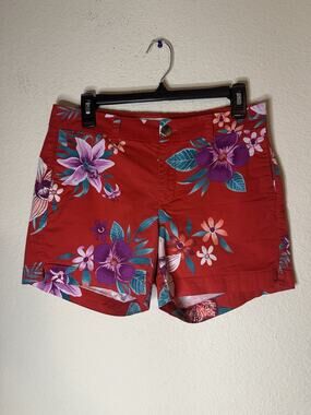 EUC Ladies Sz 6 Old Navy Everyday Short Red Hawaiian Floral Pockets Inseam 4.5”